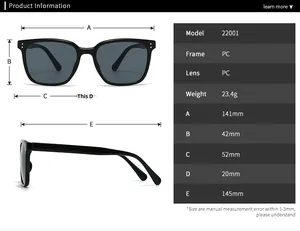 Tableau des tailles détaillé pour lunettes de soleil rétro avec dimensions et poids