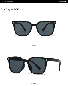 Vue de face et latérale de lunettes de soleil noires surdimensionnées avec rivets