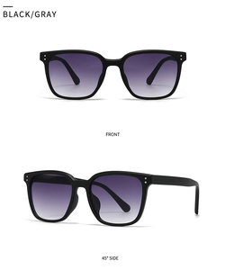 Vue de face et de profil de lunettes de soleil noires avec verres dégradés violets