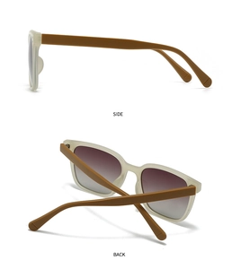 Détails des lunettes de soleil carrées crème avec branches marron vues de côté et de dos
