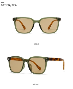 Vue de face et latérale des lunettes de soleil rétro vertes avec branches écaille de tortue
