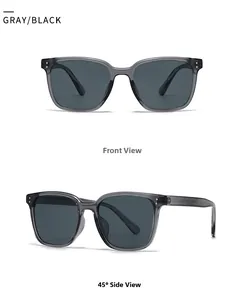 Vues de face et à 45 degrés de lunettes de soleil rondes rétro gris translucide et noir