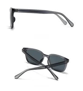 Vues latérale et arrière des lunettes de soleil rétro rondes avec monture grise transparente