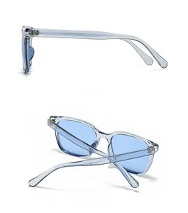 Détails de lunettes de soleil rondes bleu transparent avec charnières et spécifications