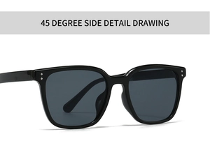 Détail latéral à 45 degrés de lunettes de soleil noires avec rivets argentés
