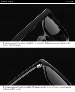 Détails des charnières métalliques et des verres de protection UV sur lunettes noires