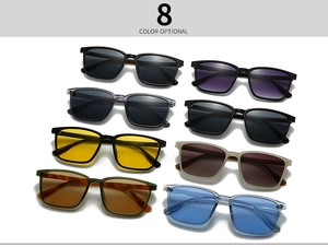 Flat lay display of modern square double bridge sunglasses in eight various color options