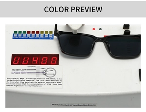 Testing UV400 protection of modern square sunglasses with professional UV testing device