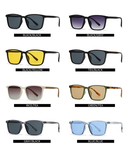 Detailed grid showing square double-bridge sunglasses in eight diverse color combinations