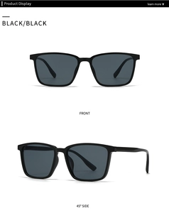 Front and 45-degree side views of black square double-bridge sunglasses in modern style