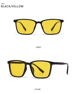 Front and side view of square double bridge sunglasses with black frames and yellow lenses
