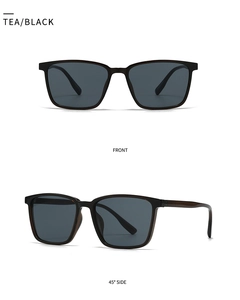 Front and 45-degree side view of modern square tea and black sunglasses with dark lenses