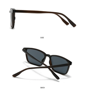 Detail view of dark brown square sunglasses with double bridge and side perspective
