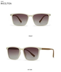 Front and 45-degree side views of square sunglasses in rice white and tea brown color