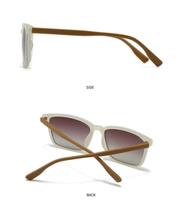 Detailed side and back views of modern square sunglasses with cream white frames