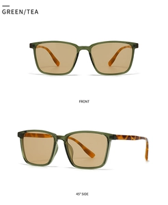 Front and side view of square green resin sunglasses with tortoiseshell temples and tea lenses