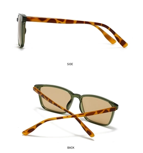 Side and back view of retro square sunglasses with olive green frames and leopard arms