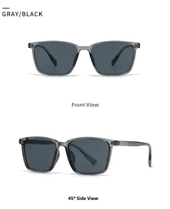 Front and 45-degree side view of modern square sunglasses in gray and black finish