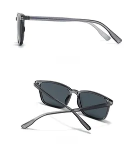 Side and back view of modern square double-bridge sunglasses with translucent grey frame