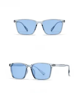 Front and 45-degree side views of modern square double-bridge sunglasses in light blue