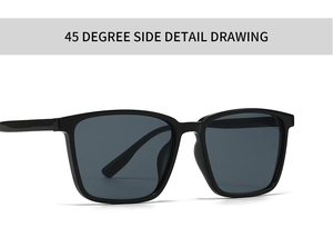 Close-up of black square sunglasses showing 45-degree side frame and hinge detail