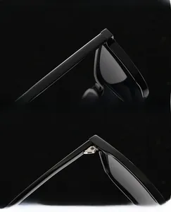 Detail of square sunglasses showing UV protection lenses and durable metal hinges