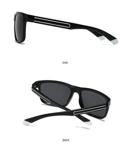Vue détaillée des angles latéral et arrière de lunettes de soleil carrées noires polarisées