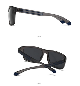 Vue détaillée de lunettes de soleil de sport polarisées avec monture grise et détails bleus