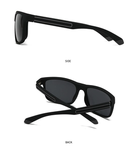 Vues latérale et arrière de lunettes de soleil polarisées noir mat pour hommes avec détails gris