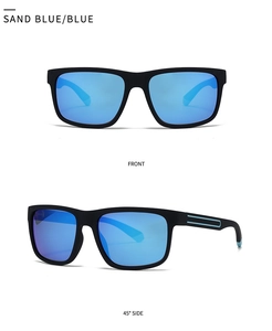 Vue de face et de profil de lunettes de soleil polarisées noir mat avec verres bleus
