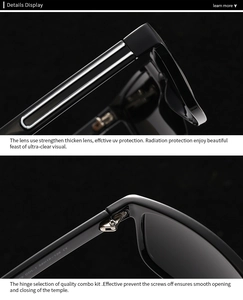 Détail de charnières métalliques et de branches épaisses sur lunettes de soleil noires