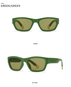 Vue de face et à 45 degrés des lunettes de soleil carrées vertes avec détails dorés