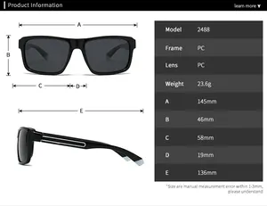 Detailed size chart for square polarized sunglasses with precise frame measurements