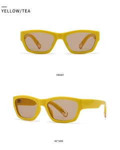 Vues de face et de côté des lunettes de soleil rectangulaires jaunes rétro avec verres thé