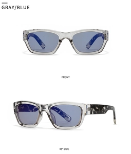 Vues de face et de profil à 45 degrés de lunettes de soleil grises rectangulaires à verres bleus