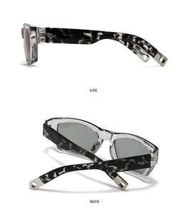 Vues détaillées latérale et arrière de lunettes de soleil carrées à branches marbrées