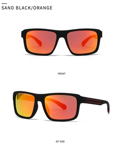 Front and side views of sand black polarized square sunglasses with orange lenses