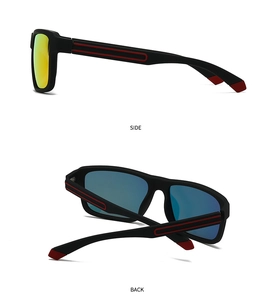 Detailed side and back view of matte black polarized sunglasses with red stripe accents