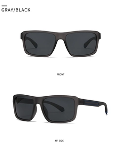 Front and side views of matte black polarized sports sunglasses with blue accents