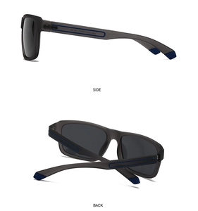 Detailed side and back view of matte dark grey polarized sunglasses with blue accents