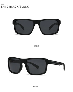 Detailed front and side views of square polarized sunglasses in matte sand black finish