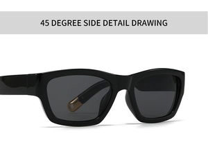 Vue détaillée de lunettes de soleil rectangulaires noires brillantes avec détails dorés