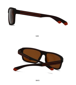Detailed side and back view of matte black polarized sunglasses with red stripe accents