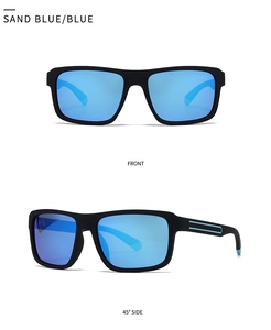 Front and 45-degree views of square polarized sunglasses with matte blue frames