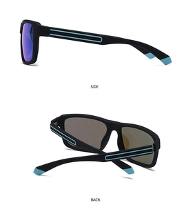 Detail of matte black rectangle sunglasses with blue decorative lines on the side and back