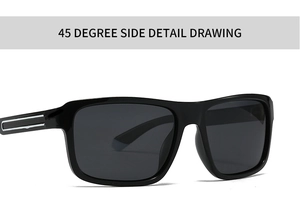 Detail view of square black polarized sunglasses featuring a modern silver metal temple accent