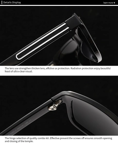 Detail of reinforced metal hinges and polarized lenses on black square sunglasses
