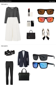 Fashion set display showing modern polarized sunglasses for men and women's outfits