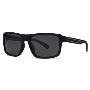 Modern black matte rectangular polarized sunglasses with minimalist embossed temples