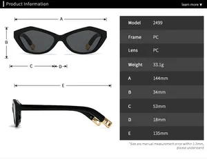 Detailed size chart for 2499 cat-eye sunglasses with lens and frame dimensions in mm